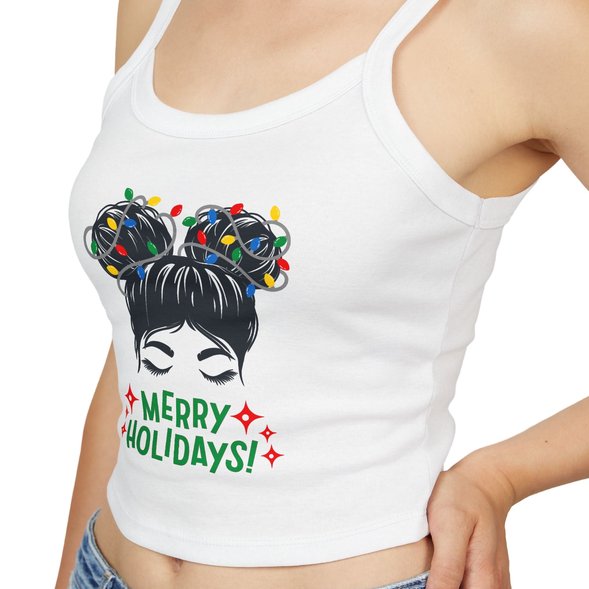 Women's Holiday Crop Tank Top – "Merry Holidays" Light-Up Hair Buns Graphic