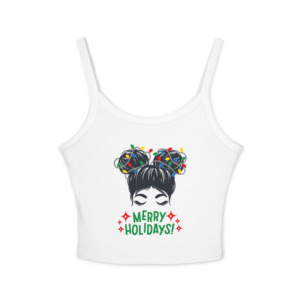 Women's Holiday Crop Tank Top – "Merry Holidays" Light-Up Hair Buns Graphic