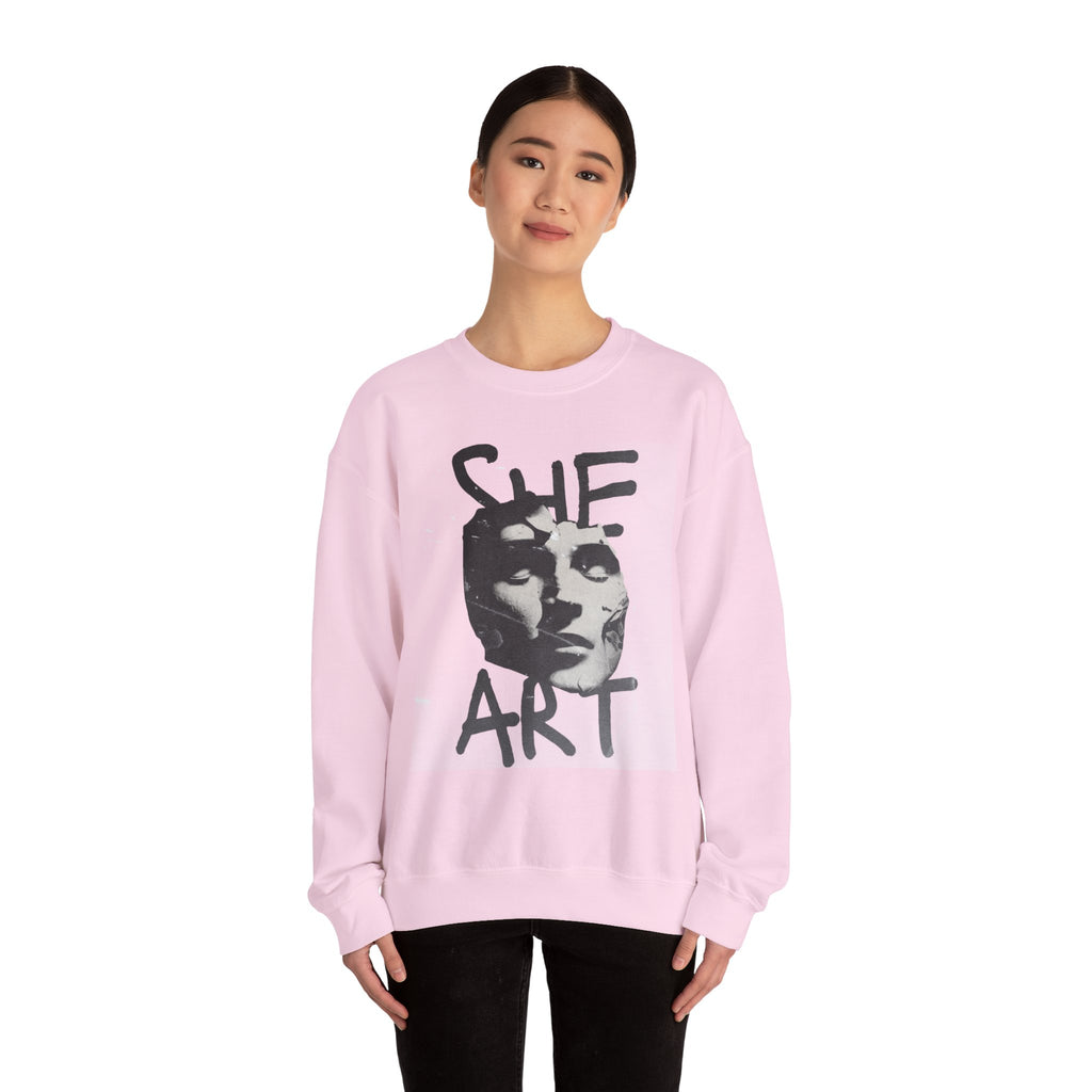 Artistic Unisex Crewneck Sweatshirt - SHE ART Graphic, Cozy Fashion, Bold Statement Piece, Gift for Creatives, Everyday Wear
