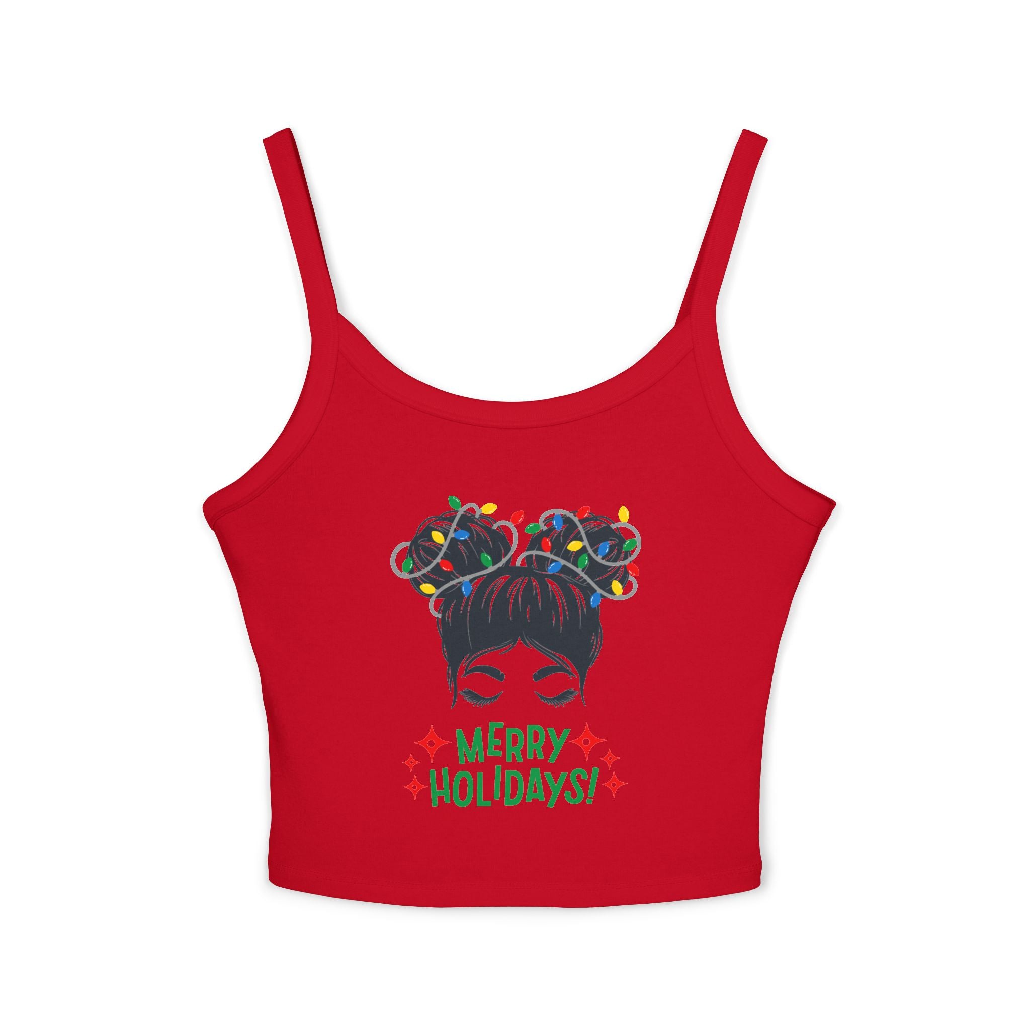 Women's Holiday Crop Tank Top – "Merry Holidays" Light-Up Hair Buns Graphic