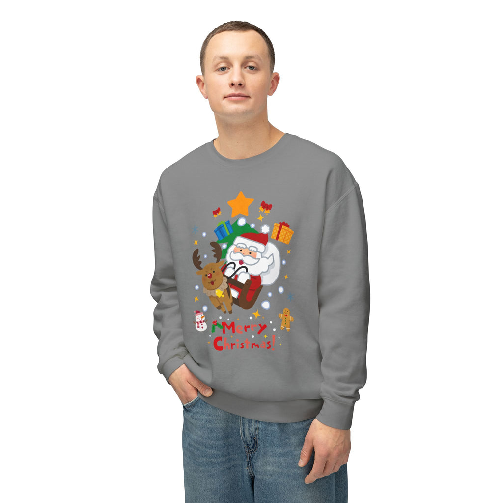 Christmas Crewneck Sweatshirt — Cute Santa & Reindeer "Merry Christmas" Holiday Sweater